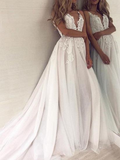 A-Line Wedding Dress V-neck Polyester Spaghetti Strap Bridal Gowns Formal Boho Plus Size with Court Train_2