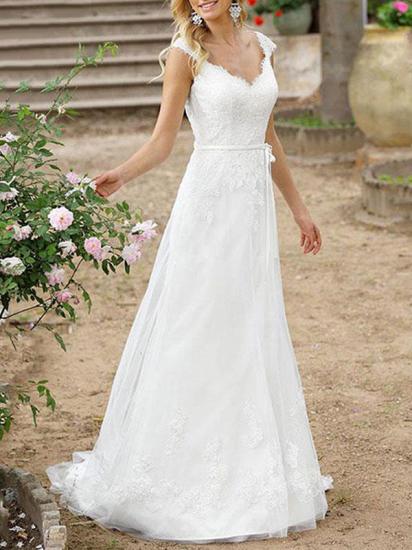 Elegante ärmellose A-Linie Brautkleider mit V-Ausschnitt und weißer Spitze
