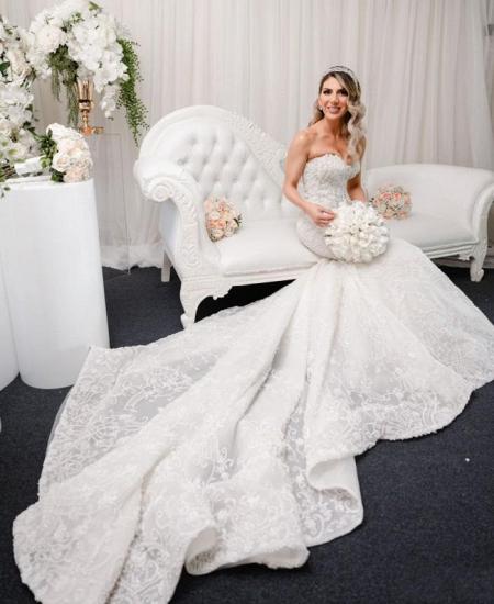 Romantisches Schatz-Meerjungfrau-Hochzeitskleid Spitzenapplikationen Garten-Brautkleid mit Sweep-Zug_2