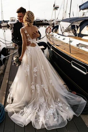 Stylish V-Neck A-line Wedding Dress Tulle Floral Lace Sleeveless Bridal Dress_1