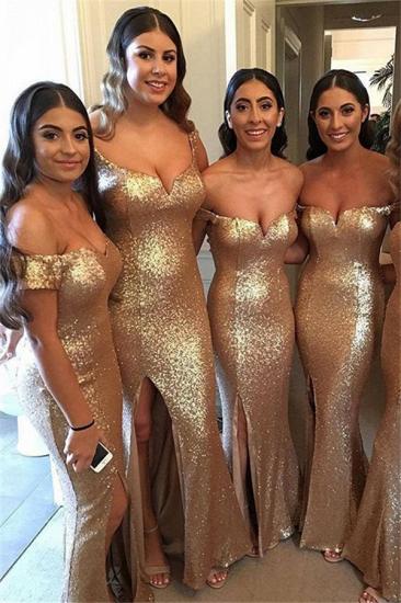 Sexy Gold Pailletten lange Brautjungfernkleider | 2022 Günstiges Brautjungfernkleid mit Seitenschlitz_1