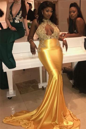 Halter Open Back Sexy Keyhole Prom Dresses Gold | Mermaid Sleeveless Beads Appliques Evening Gown_3
