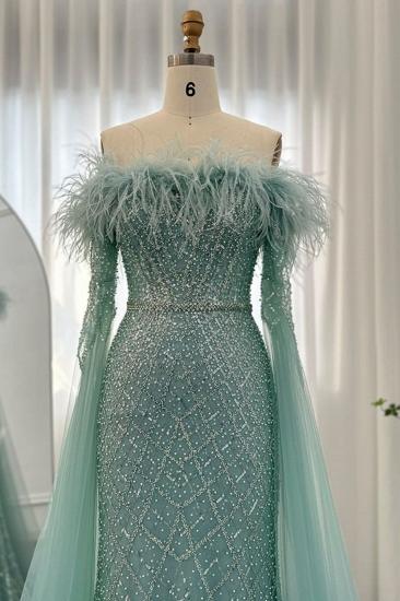 Glamorous Glitter Beading Mermaid Evening Gowns Fur Tulle Long Party Dress with Cape Sleeves_6