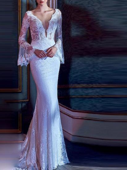 Mermaid Wedding Dress V-Neck Lace Tulle Long Sleeve Bridal Gowns Court Train