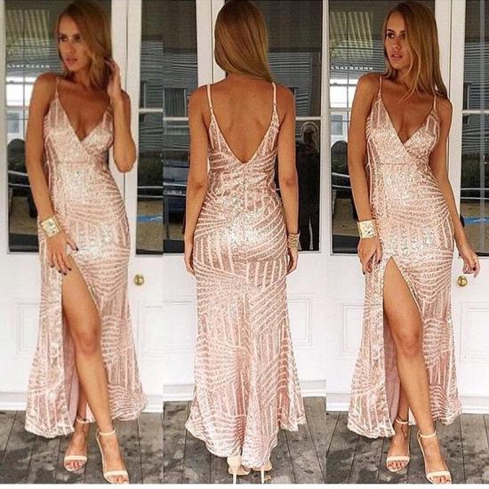 Spaghetti Straps Sexy V-neck Evening Dress Sequins Open Back Prom Dress with Split_2