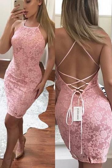 Sexy Sheath Pink Lace Homecoming Dresses 2022 Backless Short Cocktail Dresses_1