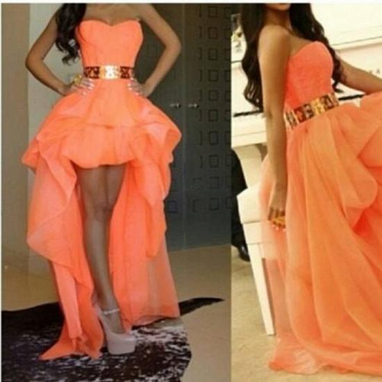 Chiffon Sweetheart Hi-lo Orange Homecoming Dresses with Gold Belt Cute Plus Size Prom Gowns_2