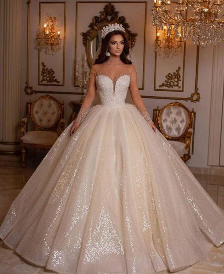 Luxury Sweetheart Sparkly Sequins Bridal Gown Long Sleeves_2