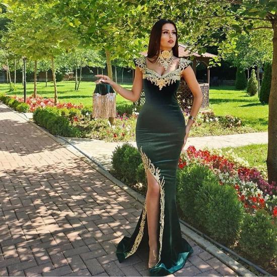 Dark Green Velvet Mermaid Evening Dress with Gold Lace appliques_2