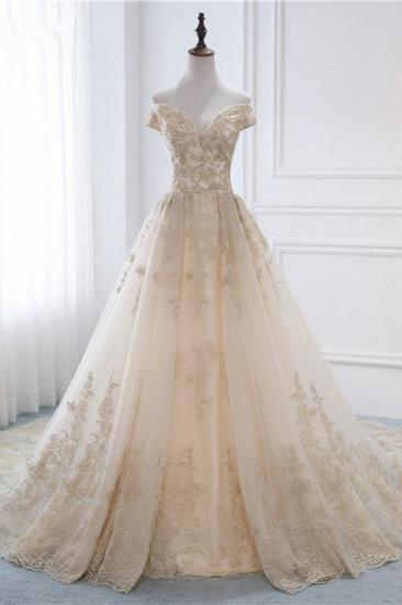 TsClothzone Wunderschönes ärmelloses Tüll-Hochzeitskleid mit V-Ausschnitt, Champagner-Applikationen, Brautkleider online
