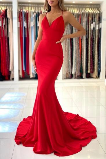 Einfaches rotes Spaghetti-Träger-V-Ausschnitt-Meerjungfrau-Abendkleid | Günstiges rotes Meerjungfrau-Abschlussballkleid_2