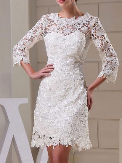Formelles Etui-Hochzeitskleid Juwel knielange Spitze mit langen Ärmeln Brautkleider im Angebot