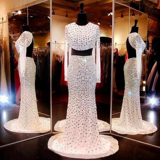 Crystal Halter Long Sleeve Two Pieces Evening Dress Luxurious Backless Rhinestones Dresses for Women_2
