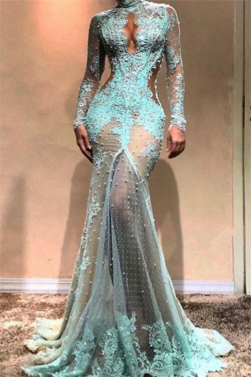 Glamouröse Abendkleider mit langen Ärmeln im Meerjungfrau-Stil | 2022 High Neck Sheer Applikationen Ballkleider_1