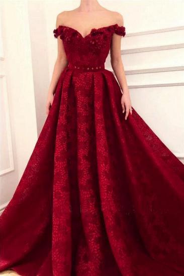 Beauty Red Off Shoulder A linie Lace Prom Dress Evening Dresses_1