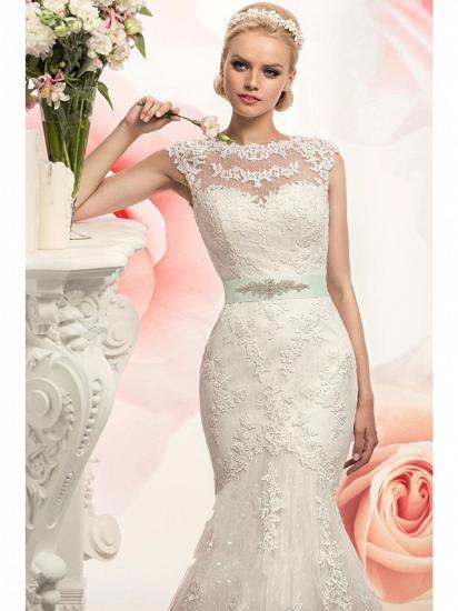 Mermaid Wedding Dress Jewel Lace Tulle Cap Sleeve Bridal Gowns with Court Train_3