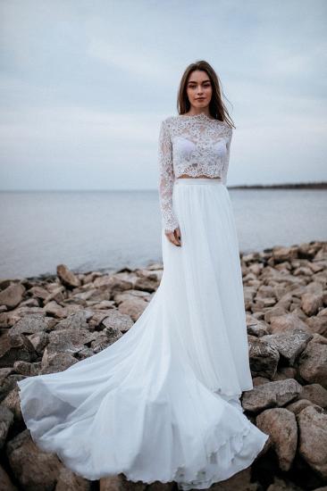 Stunning White Floral Chiffon Wedding Dress Long  Sleeves Beach Bridal Dress_2