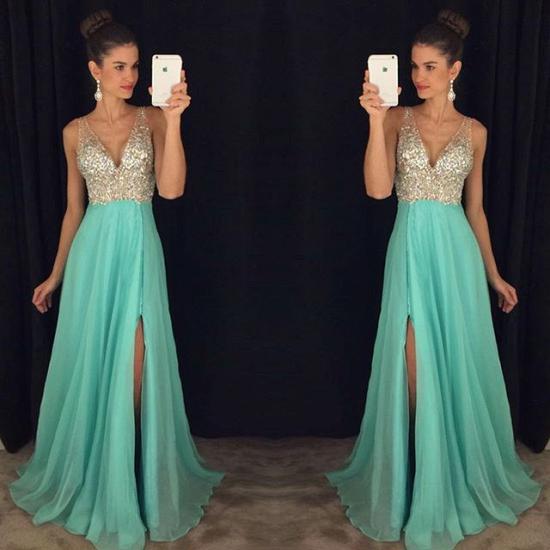 Sexy V-neck 2022 Prom Dresses Long Side Slit Chiffon Evening Dress with Sequins_4