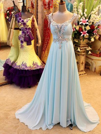 Light Blue Chiffon Long Prom Dresses Sleeveless Open Back Elegant Popular Long Evening Dresses
