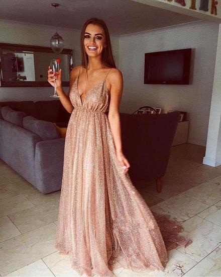 Glamorous Sequins A-Line Long Prom Gowns | 2022 Spaghetti Straps V-Neck Evening Dress_2