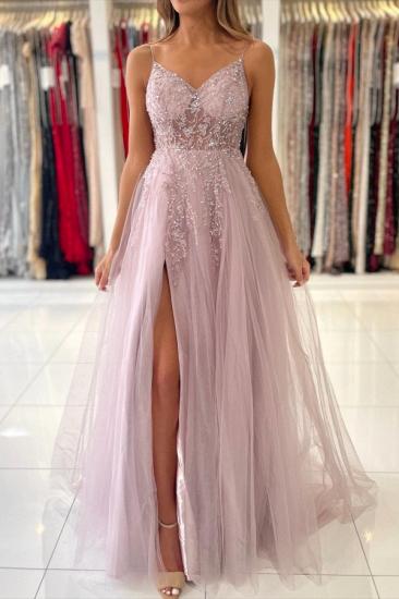 Luxurious Pink Spaghetti Strap Glitter Split Long Evening Dress | Glitter Spaghetti Strap Prom Dress_2