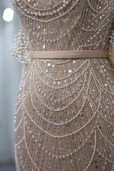 Luxus Neckholder Pailletten Perlen Meerjungfrau Abendkleider Champagner Langes Partykleid für Hochzeit_5