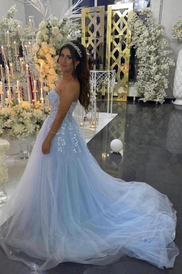 Blue evening dresses with lace | Long Prom Dresses Cheap_2