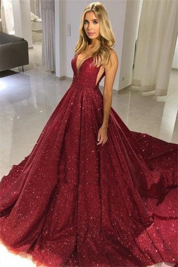Burgundy A-Line Sequins Evening Gown | 2022 Sexy V-Neck Sleeveless Prom Dresses_1