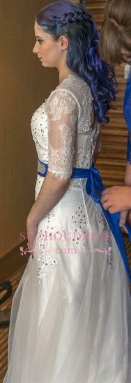 Elegant Sashes Beaded Half-Sleeves Crystal A-Line Scoop Lace-Applique Wedding Dresses_5