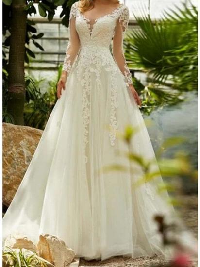 A-Line Wedding Dress V-neck Lace Tulle Long Sleeves Bridal Gowns Formal with Sweep Train_3
