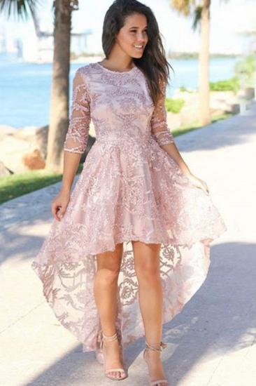 Chic Hi-Lo Jewel 3/4 Sleeves Prom Dress | Exquisite Lace Beading Pink Prom Gown