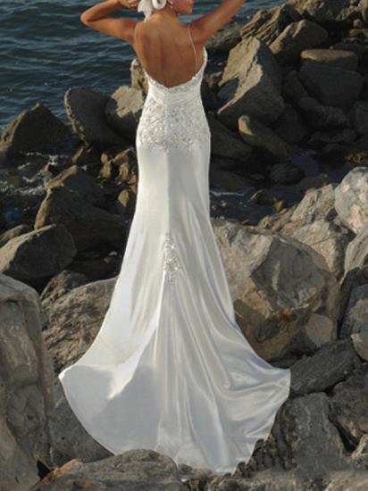 Formal Mermaid Wedding Dress V-Neck Lace Sleeveless Beach Bridal Gowns Sweep Train_2