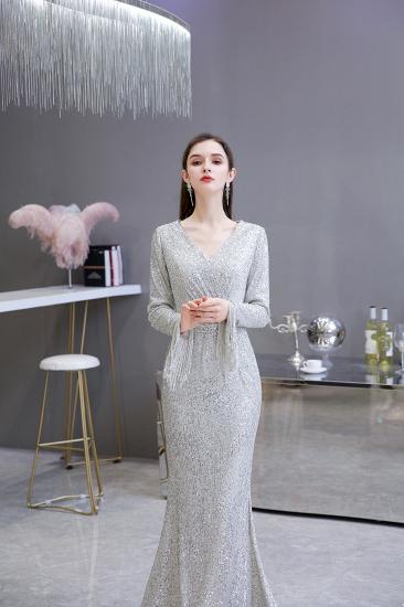 Elegant Sparkle Sequined Burgundy Long sleeve V-neck Mermaid Long Prom Dress_5