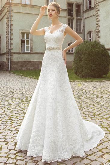 Crystal Beading Lace Bridal Gowns Court Train V Neck Royal Wedding Dress_1