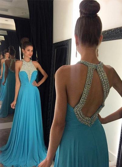 A-Line Blue Halter Chiffon Prom Dess Crystal Ruffles Open Back Formal Occasion Dresses