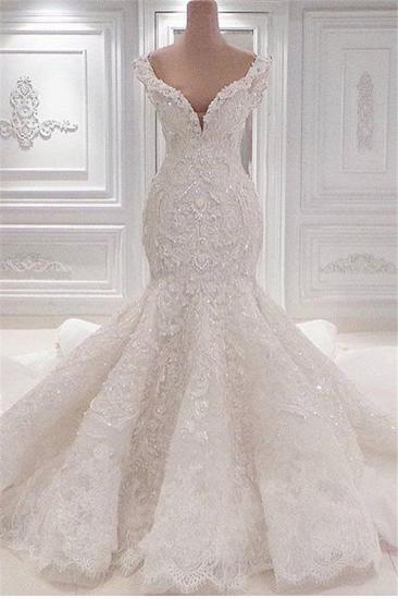 Neue Ankunft Meerjungfrau ärmellose Brautkleider Online | Elegante V-Ausschnitt Spitze Kristall Brautkleider