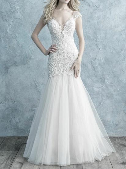 Sparkle & Shine Mermaid Wedding Dress V-neck Lace Tulle Cap Sleeve Sexy Backless Bridal Gowns with Sweep Train_1