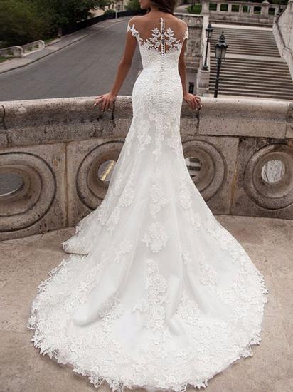 Off The Shoulder White Lace Appliques Mermaid Wedding Dresses Long_2