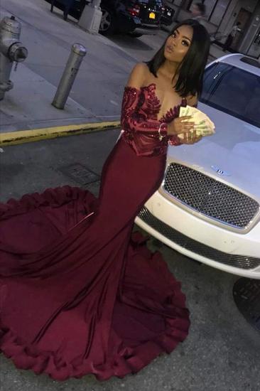Sexy Burgundy Sequins Mermaid Prom Dresses | Long Sleeves Evening Dresses On Sale