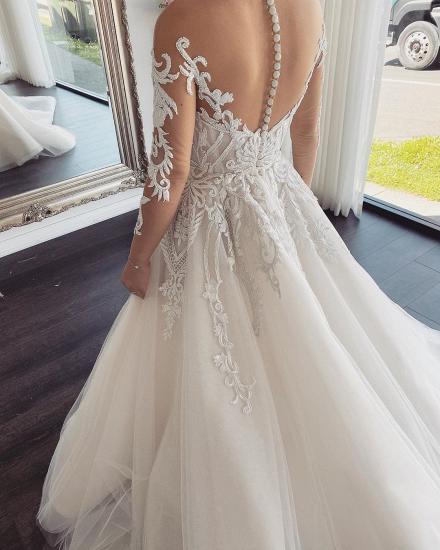 V-neck Off-the-shoulder Ivory Lace Appliques A-line Wedding Dresses_5