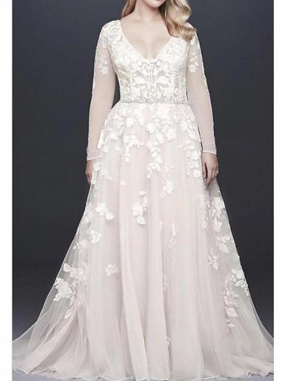 Long sleeves V-neck White A-line Lace appliques Belt Wedding Dress
