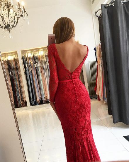 Sexy V-neck Open Back Scarlet Lace Evening Dresses | Elegant Long Sleeve Fit and Flare Wholesale Prom Dresses_3