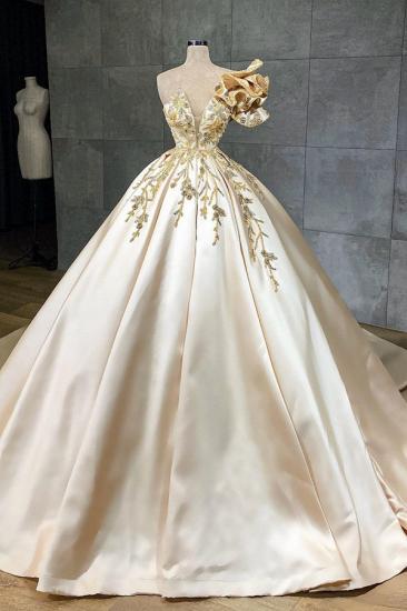 Luxury Short Sleeves Gold Crystals Satin Evening Dress Sweetheart Aline Prom Dress_1