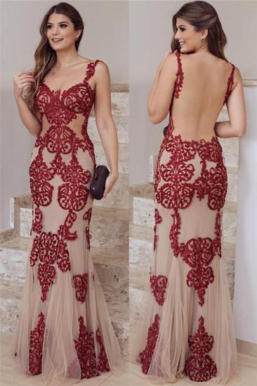 Sexy Backless Burgundy Lace Evening Dresses | Nude Tulle Sleeveless Lace Appliques Prom Dress