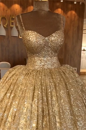 Spaghetti Straps Gold Beaded Lace Evening Dress | Luxury Ball Gown Princess Open Back Prom Dress_3
