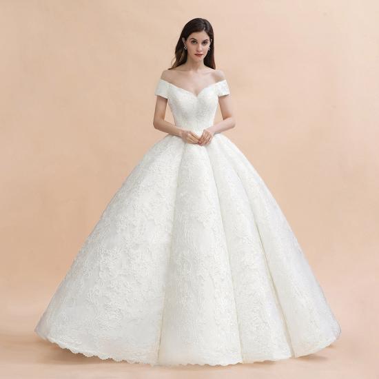 Off Shoulder Floor Length Bridal Gowns Lace Appliques Chapel Train Wedding Dress_4