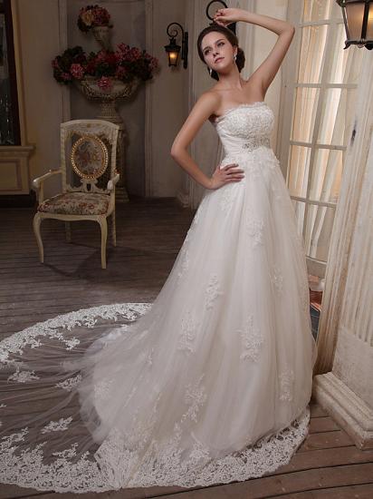 Princess A-Line Strapless Wedding Dress Scalloped-Edge Satin Tulle Sleeveless Bridal Gowns with Chapel Train_2