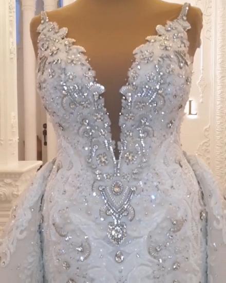 V-neck Beads Sparkles Gems Wedding dress with overskirt_2