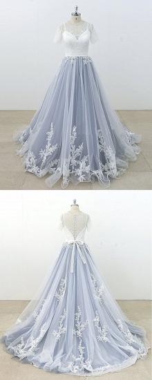 TsClothzone AffordableBlue Gray Tulle Ivory Lace Wedding Dress Short Sleeve Beach Bridal Gowns On Sale_5