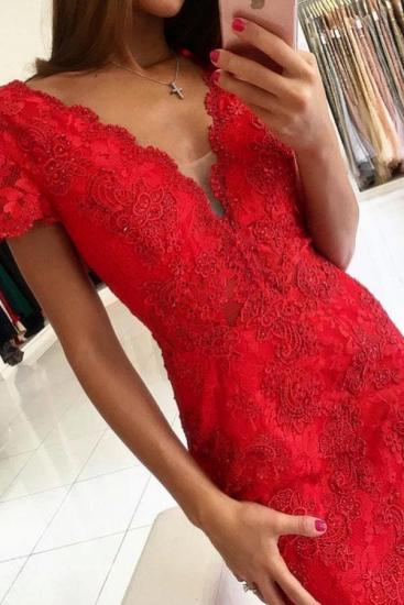 Short Sleeves Mermaid Evening Dress Backless Red Party Dress with Lace Apliques_1